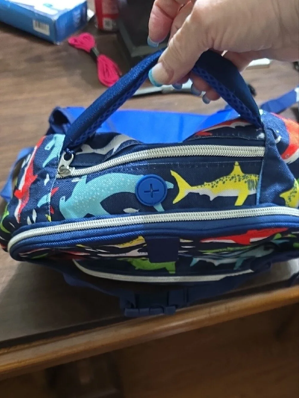 Tommy Bahama Kids Navy Backpack with Multicolor Shark Print